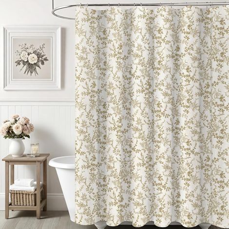 Rideau de Douche en Lin de Polyester Fleur Dense,Magnifique Fleurs Rideau Baignoire pour Déco Salle de Bain,180x180cm Tissu Chic Tissu Fleur Feuilles Rideaux de Douche et 12 Crochet,Marron (1/5)