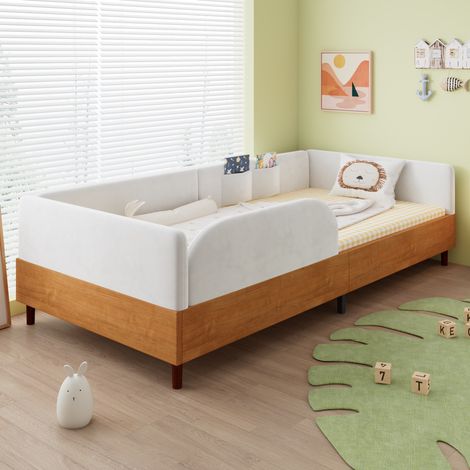 Polster-Kinderbett 90x200 cm, sicheres Einzelbett mit 2 Aufbewahrungstaschen, Bezug aus Samt und Kiefernholzgestell, Wei und Natur (1/5)