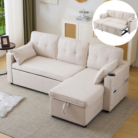 Canapé convertible 3 places avec rangement, avec porte-gobelet, canapé d'angle en L, canapé 3 places, tissu de coton et de lin, beige (1/5)