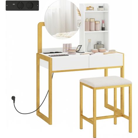 Coiffeuse avec Miroir et Tabouret Rembourré Station de Charge 2 Tiroirs 3 Étagères Chambre Blanche (1/5)