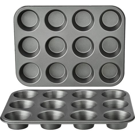 Ronde moules à muffins en acier carbone antiadhésif, Lot de 2, Gris (1/5)