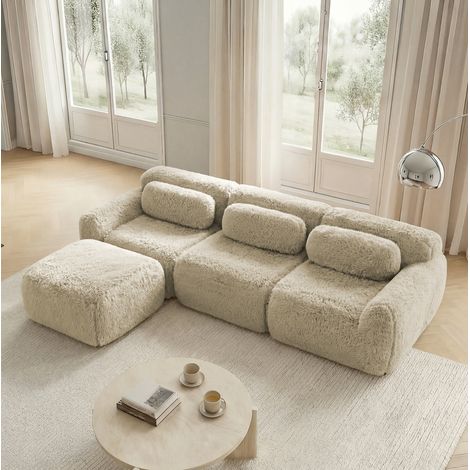 Sofá modular esquinero de felpa, Light Khaki, sin montaje, con cojines,204x179x73 cm (1/5)