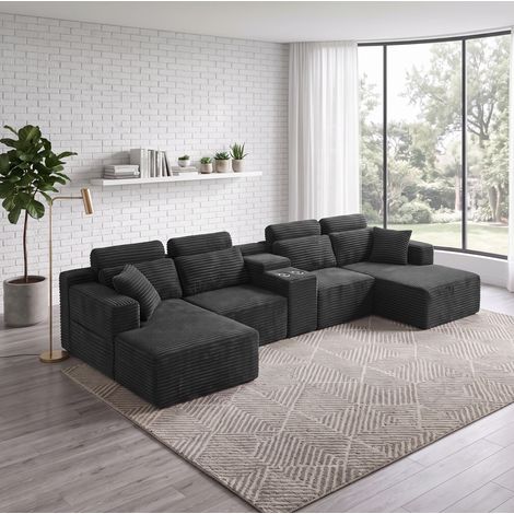 Modulares U-förmiges Cordsofa 372 cm dunkelgrau mit 2 Getränkehaltern (1/5)