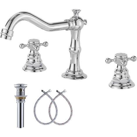 Soavoa Robinet Lavabo Salle de Bain 3 Trous 2 Poignées Mitigeur en Laiton Massif Chromé avec Drain Pop-up (1/5)