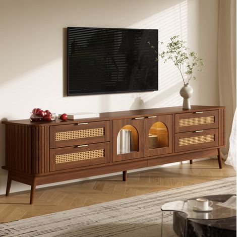 MEUBLIV Mueble TV 180x40x50 cm nogal – 4 cajones, puertas de cristal, LED APP integrada (1/5)