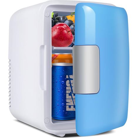 Mini Frigo de Chambre 4L, AC/DC Brancher, Pour Voiture 12V 240V pour Camping, Petit Skincare Réfrigérateur Comestique Silencieux, Glacière Portable de Beauté, Garder Froid, 6 Canettes (Bleu)