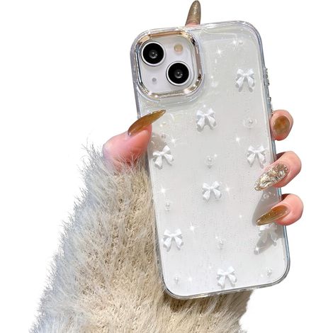 Coque de Téléphone pour iphone 13/iPhone 14, Brillant 3D Bowknot Cas de Étui Mignon Brillant Clair Nœud Design Esthétique Cas Doux TPU Transparent Housse de Protection - Noeud Blanc (1/5)