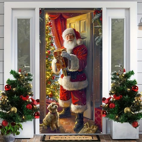 Décorations de Noël 2026 - Drapeaux, nœuds, décorations de Noël, rideaux de porte - 90 x 190 cm (taille élastique) - QL-26