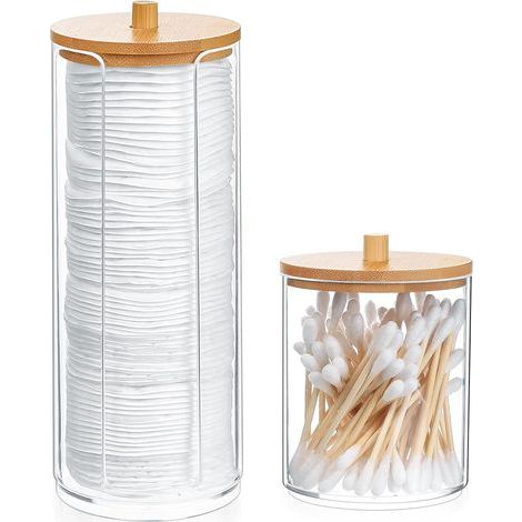 2 Pièces Porte Coton Tige, Boîte à Coton Tampons, Distributeur de Pots Organisateur de Rangement avec Couvercles en Bambou pour Boules de Coton Tige, Qtips, Salle de Bain (1/5)