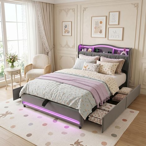 Doppelbett mit 4 Schubladen 140x200 cm – LED & USB-C – Lattenrost mit Leinenbezug – Skandinavisches Erwachsenenbett – Grau