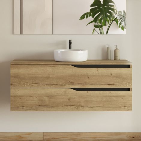Meuble de salle de bain 120 avec plateau et vasque à poser - sans miroir - 2 tiroirs - madera miel (bois clair) - LUNA (1/5)