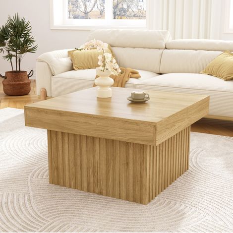 Table basse 79x79x46 cm coloris naturel, design minimaliste, panneaux de bois et MDF, MEUBLIV (1/5)