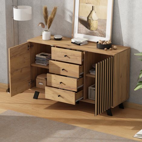 Buffet en MDF noir et naturel 120x38x75 cm, 4 tiroirs, 2 portes, structure 5 niveaux (1/5)