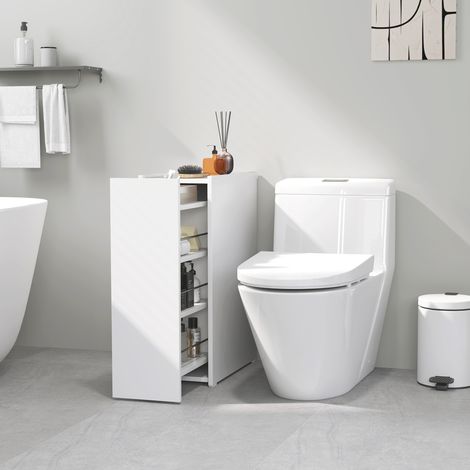 Schmaler Badezimmerschrank, Bodenschrank mit tiefer Schublade, Freistehender Badschrank, Spanplatte, Weiß