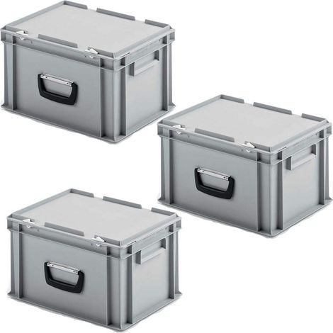 BRB Lot de 3 valises Euro avec 1 poignée de transport sur un côté longitudinal, 400 x 300 x 245 mm, gris