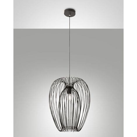 Suspension de style campagnard au design industriel moderne, structure en métal, couleur noire, douille E27, idéale pour l'éclairage intérieur.