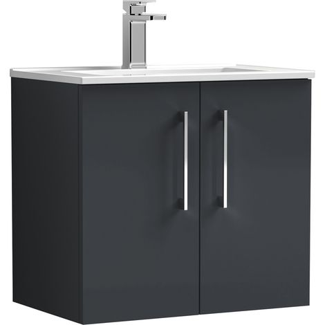 Nuie Arno Satin Soft Black 600mm Wall Hung 2 Door Vanity Unit and Minimalist Ceramic Basin - ARN1423B (1/6)
