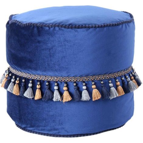 Pouf Déco à Pompons "Taj Mahal" 45cm Bleu (1/2)