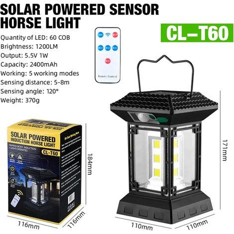 Lampe murale solaire rétro d'extérieur (batterie intégrée - avec télécommande) avec détecteur de présence, lampe de camping étanche à incandescence, lanterne LED pour jardin, cour ou villa. (1/5)