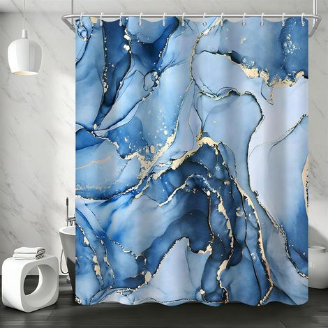 Rideau de Douche, 180x180cm, Ombre Bleu avec Or Art Abstrait Moderne Marbre Tissu Imperméable Rideau de Salle de Bain Lavable en Machine avec Crochets (1/4)