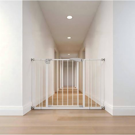 Barriera di sicurezza per bambini e animali con porticina 75-115 cm in metallo bianco (1/5)