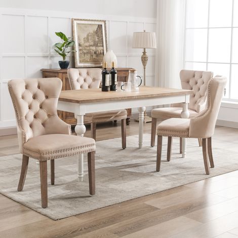 Sillas de comedor, silla de cocina, ribete con tachuelas, terciopelo, patas de madera - 4 piezas, beige (1/5)