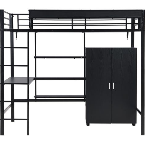 Cama alta de metal negra 90 x 200 cm con escritorio, armario y escalera de 5 peldaños (1/5)
