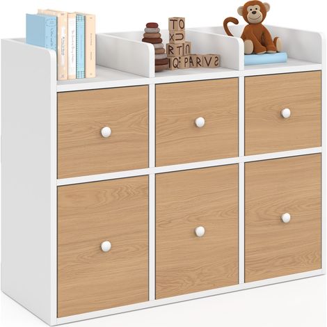 Mobile contenitore per bambini PABLO bianco con 6 contenitori in tessuto, frontale effetto faggio e 3 ripiani a libreria (1/5)