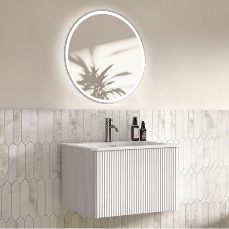 Mobile lavabo sospeso 60 cm bianco in MDF con specchio LED rotondo antiappannamento - CHICFURN (1/5)