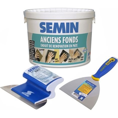 Enduit de rénovation pour les supports irréguliers Anciens Fonds Semin - intérieur/extérieur - seau de 5 kg, un couteau à enduire - 15 cm et une lame CE 78 pour enduire et lisser - 15 cm (1/5)