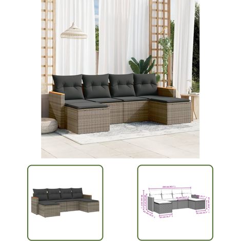 The Living Store Salon de jardin 6 pcs avec coussins gris résine tressée - Ensemble Salon De Jardin - Salon De Jardin Extérieur - Meuble De Jardin - Canapé De Jardin - Résine Tressée (1/3)