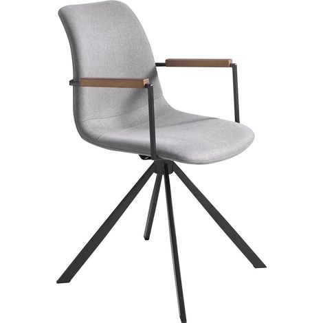 Chaise pivotante rembourrée en tissu avec pieds acier et accoudoirs bois de noyer - Noir, noyer (1/5)