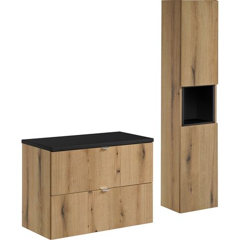 Badmöbel Set 2-teilig, 80cm Waschtischunterschrank, in Eiche und schwarz, NEWPORT-56-OAK (1/5)