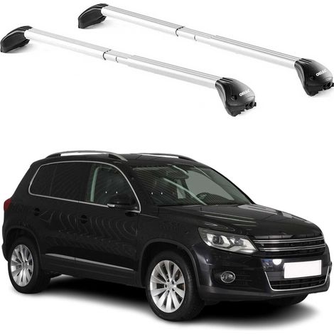 OMAC Barres de toit transversales certifiées TÜV pour VW Tiguan 2007-2023 – Verrouillables (4 antivols) – Charge max 100 kg – Sangle inox + protection caoutchouc Argent (1/4)