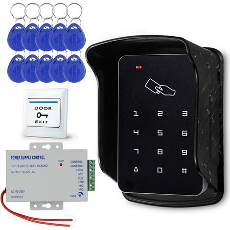 Access control kit, IP68 waterproof keypad, rain cover, 10 RFID key fobs, 12V power supply, exit button (1/5)