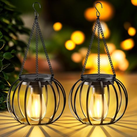 Lampe Solaire Exterieur Jardin, 2 Pièces Lanterne Solaire Exterieur avec Crochets et Chaînes, IP65 Étanche Lumiere Solaire Exterieur pour Terrasse Pelouse Balcon Cour Decoration Jardin