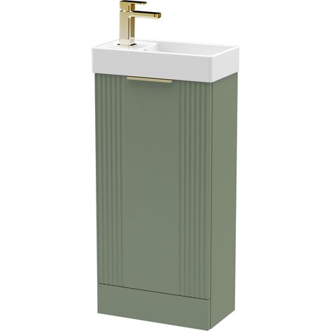 Green 400mm Floor Standing Cloakroom Vanity Basin Unit with Brushed Brass Handle Compact Bathroom Storage (1/4)