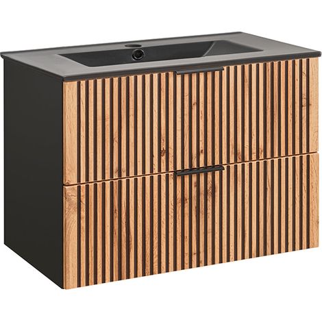 Waschtisch 80cm Gaia mit 2 Schubladen, Eichenoptik und Schwarz (1/4)