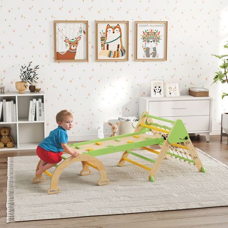 8-in-1 Kletterdreieck für Kinder mit doppelseitiger Rampe, Klettergerüst aus Holz mit Rutsche und Leiter, grün (1/5)