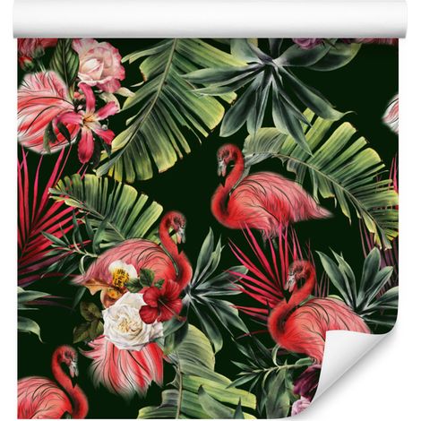 Papel pintado de flamencos, rosas, flores y verde para salón y dormitorio, 50x1000 cm. (1/5)