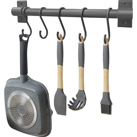 Barre à crochets de cuisine en aluminium de 30 cm avec 5 crochets mobiles, barre de fixation murale pour ustensiles de cuisine, organisateur multi-usages, pour cuillère, fourchette,