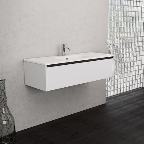Inda - Badezimmerschrank 1 Schublade B.120 mit mattiertem Waschbecken / Mattweiß - Smeraldo (1/5)