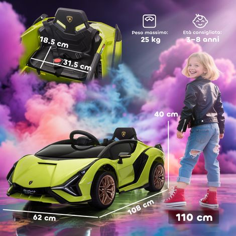 Voiture électrique pour enfants de 3 à 5 ans, Lamborghini Sián 12V, 3-5 km/h, 2 moteurs, phares et fonction musicale, télécommande, ceinture de sécurité, klaxon, verte. (1/5)
