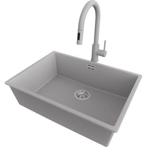 PRIMAGRAN Evier Cuisine en Granit 66x47cm,Lavabo 1 bac + Robinet 40x20cm + Kit de Vidage, Évier à Encastrer au meuble 70cm - London Slim, Gris (1/5)