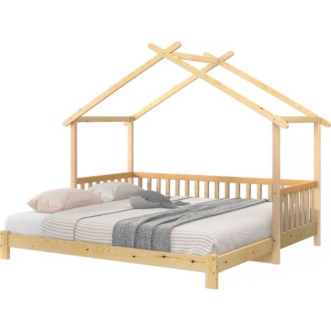 Lit Cabane Lit Enfant Simple Extensible avec Barrière, 200 x 90 cm et 200 x 180 cm, sans Matelas, Bois Massif Naturel (1/5)