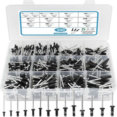 Assortiment de 500 rivets noirs Pop Rivets, 14 tailles de rivets en aluminium (3/32", 1/8", 5/32", 3/16"), ensemble de rivets aveugles pour métal avec séparateur renforcé et étui étiqueté (1/4)