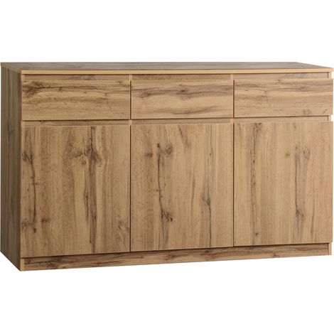 Aparador multifuncional efecto madera con 3 puertas y 3 cajones 135 x 40 x 81 cm (1/5)