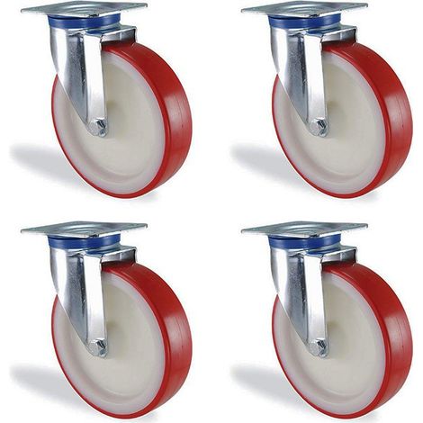 Lot roulettes pivotantes polyuréthane rouge diamètre 200mm charge 1200kg