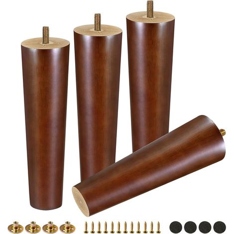 4 Pièces Pieds de Meuble en Bois 20cm Pied de Table Bois Chêne Pieds de Rechange avec Plaques de Montage et Vis pour Canapé, Lit, Fauteuil, Armoire, Table Basse, Marron (1/5)
