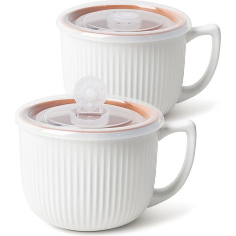 Lot de 2 bols à soupe en céramique avec couvercle ventilé, tasse à soupe de 946 ml avec poignée, grand bol à céréales de 12,7 cm, pour flocons d'avoine, salade de gomme, passe au four à (1/5)